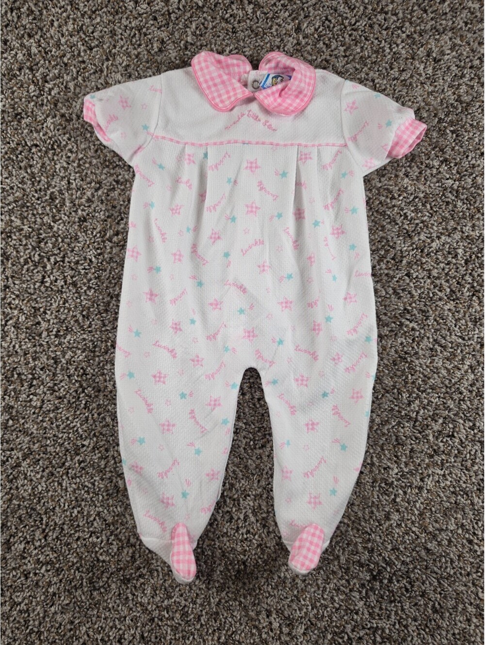 Vintage Lullaby Club Baby Girls Sz 12M Sleeper White Pink Gingham Embroidered